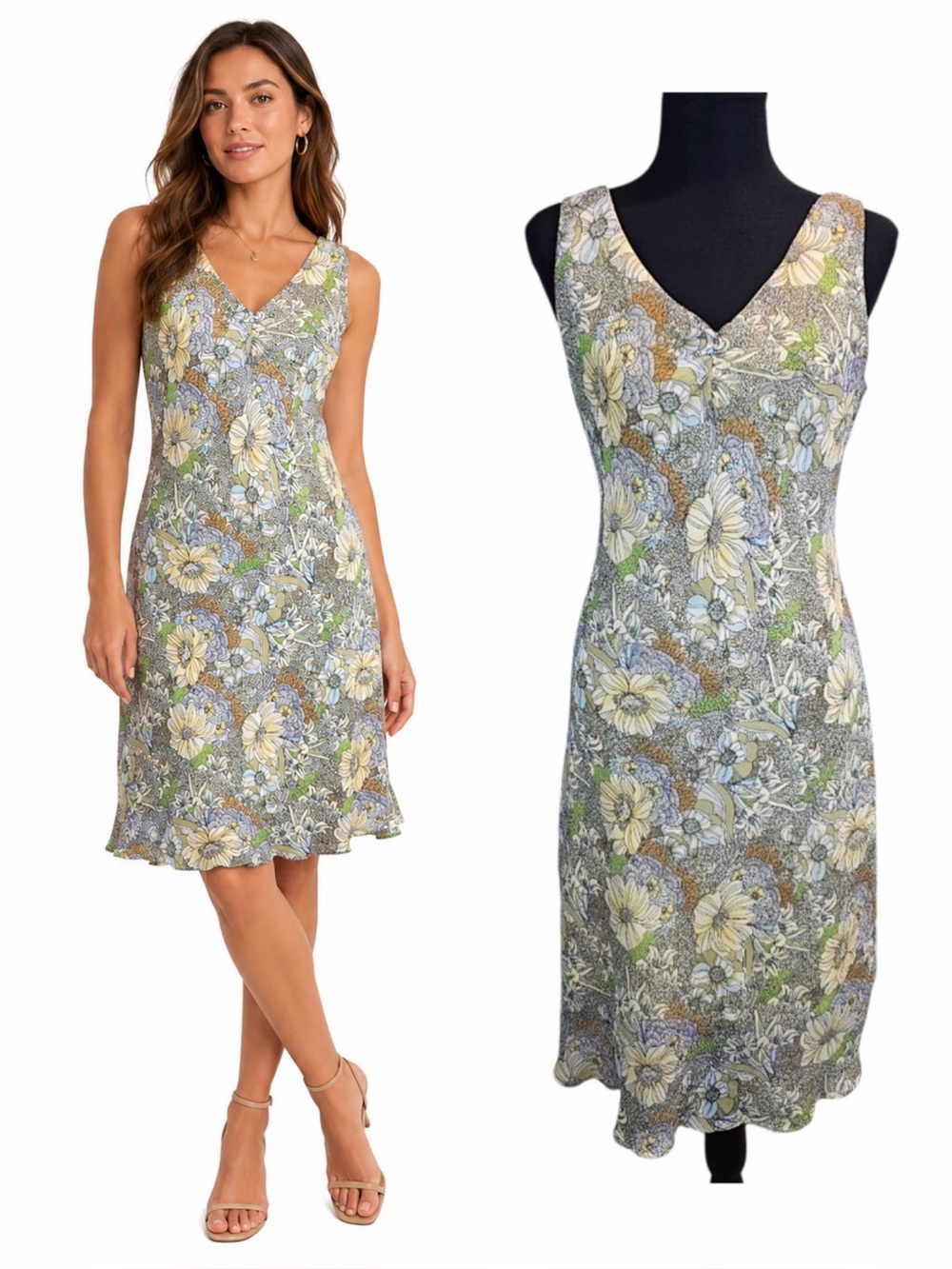 Dressbarn Petite Floral Midi Dress 4P Y2K 90s Pastel Botanical Sheath Feminine